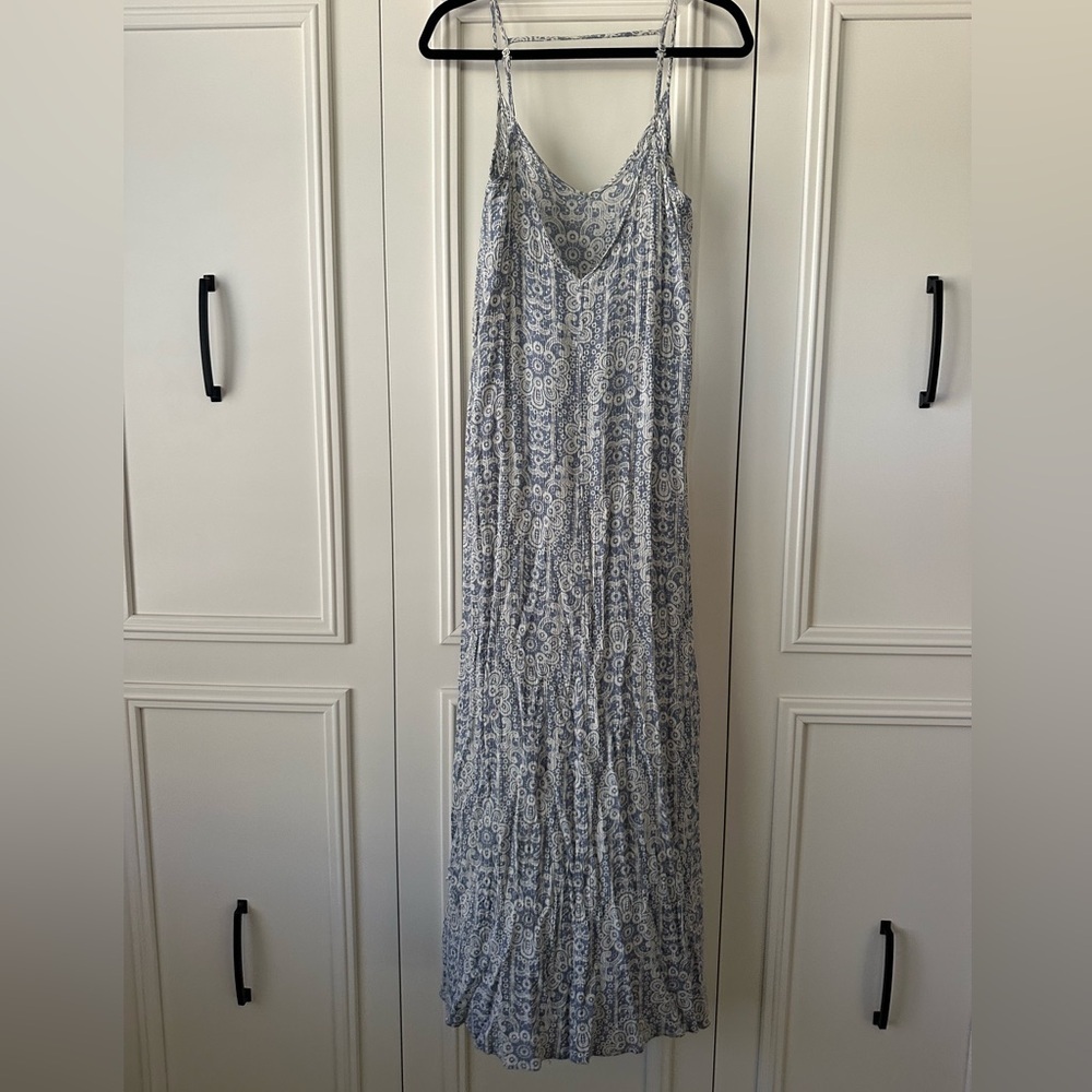 En Crème Light Blue & White Boho Maxi Dress With Front Slits, Size M - Picture 9 of 12